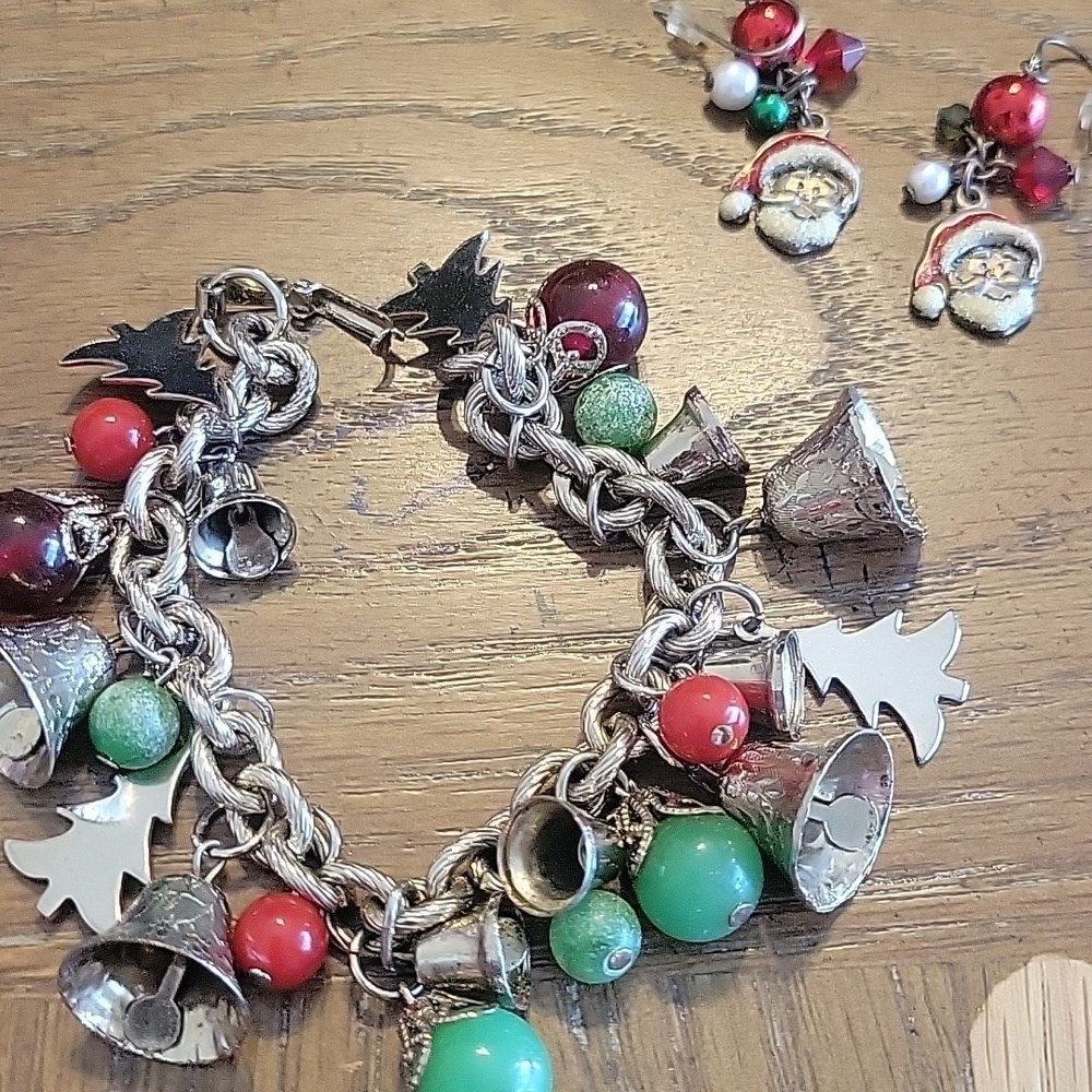 Festive Silver tone Charm Bracelet multi color charms and pierced Earring Set